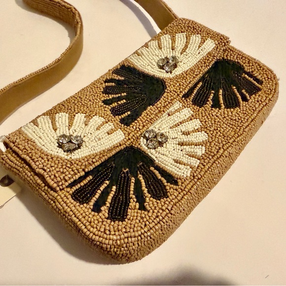 Anthropologie Fiona Beaded Bag Neutral Celandine Tan Shell Floral Shoulder Bag - Picture 3 of 9